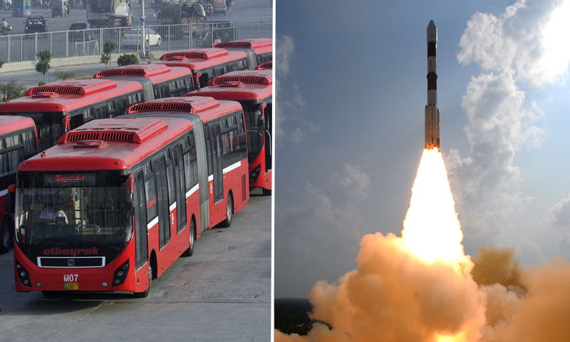 Left: Metrobuses lined up in Lahore. Right: India's Polar Launch Satellite Vehicle carrying the Mars Craft takes off. — Photo credit: AFP and ISRO